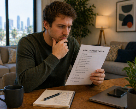adult with ADHD symptoms reviewing checklist before doctor appointment
