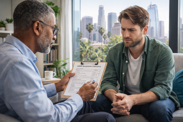 adult man reviewing ADHD checklist psychiatrist Los Angeles