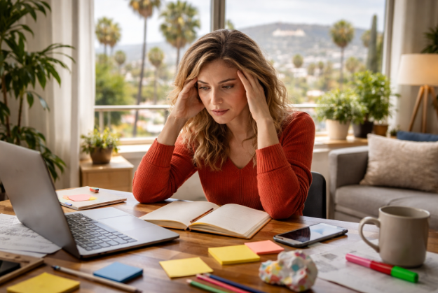 adult woman with ADHD struggling to focus at desk Los Angeles