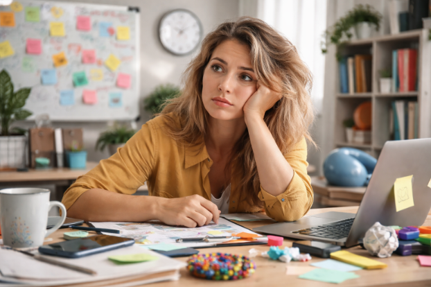 adult woman distracted at desk undiagnosed ADHD signs