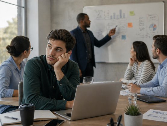 man with ADHD distracted during work meeting with colleagues