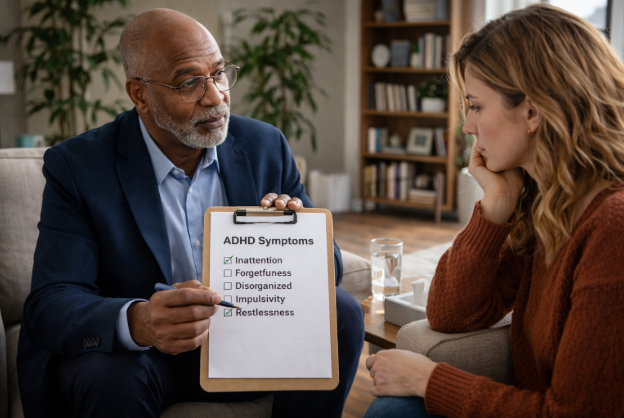 psychiatrist reviewing ADHD symptoms with female patient