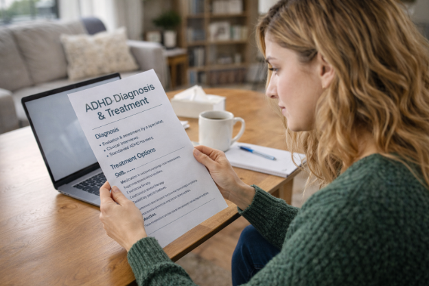 woman reading about ADHD diagnosis and treatment options